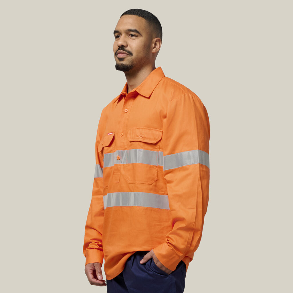 Hi-Vis Closed Front Taped Long Sleeve Cotton Drill Shirt