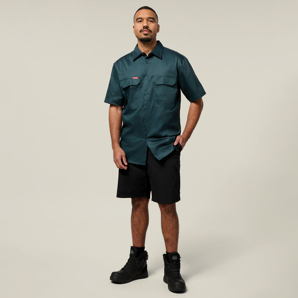 Short Sleeve Open Front Cotton Drill Work Shirt