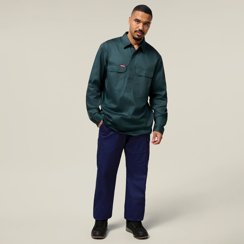 DNC 100% Cotton Long Sleeve Work Shirt – Closed Front, Twin Flap Pockets, Men's Regular Fit – 3204