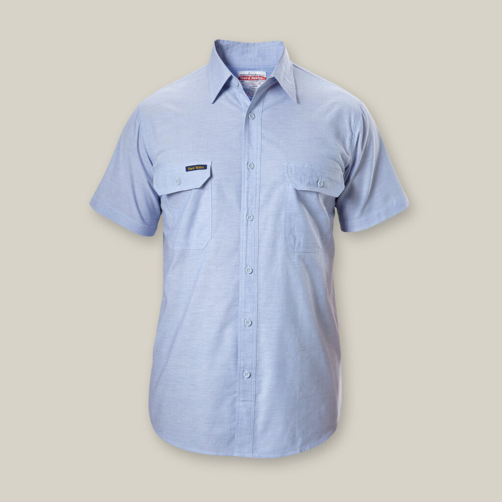 Short Sleeve Chambray Open Front Cotton Work Shirt